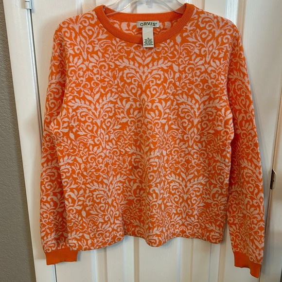 Orvis Women’s (M) Orange/White Wool Blend Pullover Floral Sweater Winter Fall - Picture 1 of 5